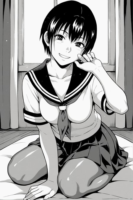 score_9, score_8_up, score_7_up, monochrome, manga_source, best background, detailed background, manga, grayscale  Kaguya, Summer School Uniform, grin, full body, indoors, naughty face, <lora:JN_Shizuku_Kaguya:0.8>