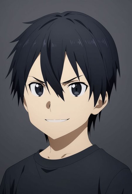 high resolution, professional photography, best quality, 1Boy, Kirigaya Kazuto, Black Hair, Black Eyes, dark t-shirt, ID Photo Style, looking at viewer, focused gaze forward, plain background, straight body, head upright, angry, smile, overalldetail