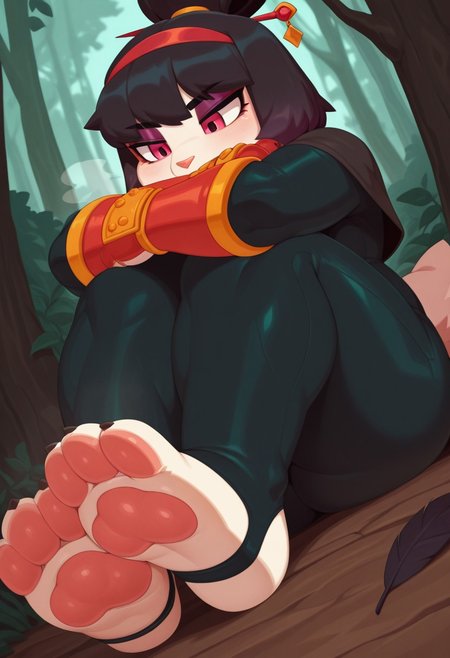 berseepon09,  outdoors, undershirt, falling feathers, black bodysuit, hair stick, hugging own legs, , gauntlets,   eyeshadow,   red gloves, black capelet, red hairband, pink eyes, medium hair, black hair, 1girl, solo,  dynamic angle, foreshortening, furry, furry female, anthro, paws, claws, pawpads, steam, smell, visible, breath