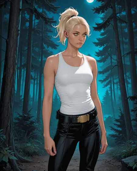 masterpiece, best quality, absurdres, perfect quality, absolutely eye-catching,   <lora:JeffSpokesIllus:1> jspokes,  <lora:EricaSlaughterIllus:0.8> ericaslaughter, 1girl, blonde hair, ponytail, ear piercings, green eyes, tank top, belt, pants, night, forest,