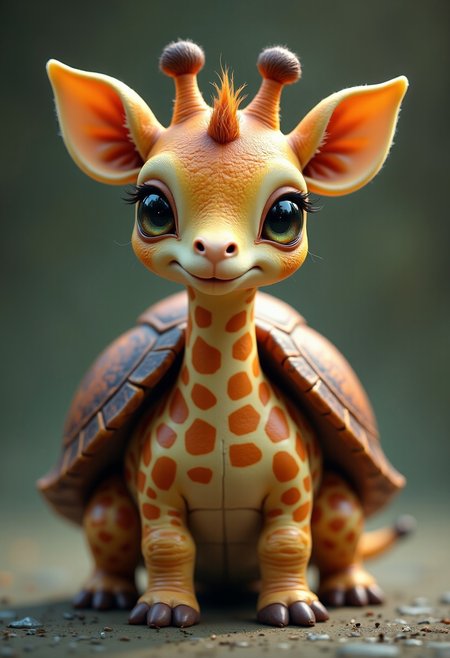 Envision a cute chimera, an uncanny blend of a turtle and a giraffe, Embodying the strange beauty of undiscovered biodiversity with its intriguingly alien appearance.