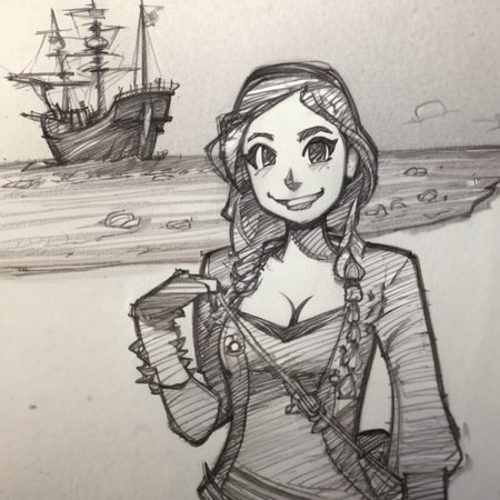 drawix21 girl pirate in the background ship at sea, black ink<lora:drawix21:1>