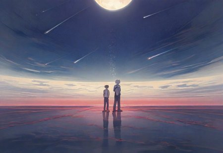 masterpiece, best quality, very aesthetic, moon ,full moon, standing back to back,masterpiece, best quality, very aesthetic, evangelion, ((2boys)), shooting stars, wide shot
BREAK
 shinji ikari, short hair, brown hair, blue eyes, 
BREAK
 kaworu nagisa, white hair, red eyes