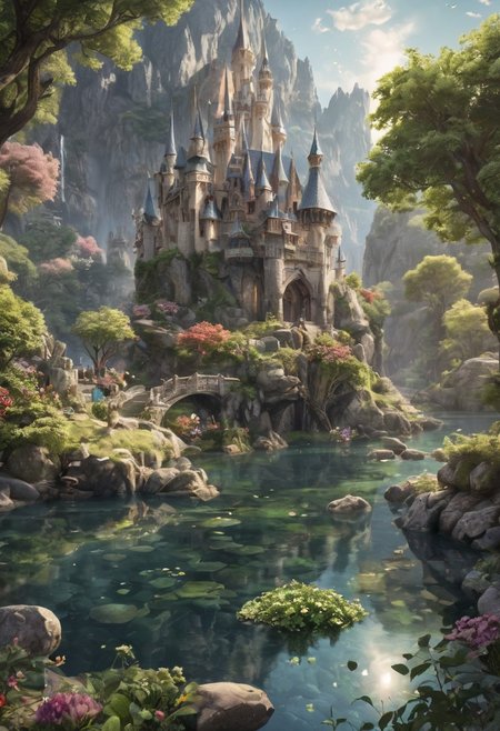 (beautiful fantasy landscape), sharp focus, no blur background, ((very detailed)), small rock, (water ripples) reflections, magic castle,  river (pond), elven fairies forest, ((elven fairies village)), stunning nature aquatic environment , enchanted land, (bright sunny sky), (high contrast), cinematic (lights), backlight, (shadows), lens flare, vibrant colors, colorful, [Kelly Green flowers] and leaves, (pretty), (beautiful), loving,