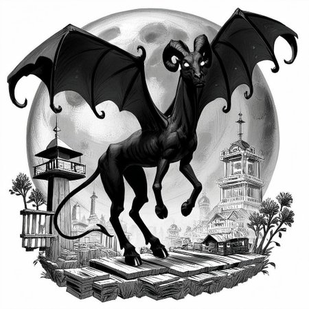 Score_7_up, score_8_up, ,full body, jerseydevil, monster, wings, long tail, full body, curled horns, feral, black skin, blank eyes, white eyes, hooves, farmland, nighttime, full moon, monochrome, black and white