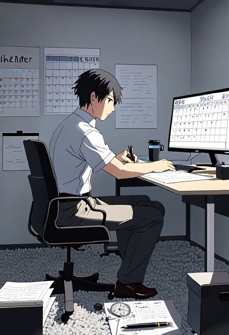 Highres, Masterpiece, High Quality, 4K, 8K, solo, 1Boy, Takaki Toono, adult, black hair, short hair, worker, working, office space, office desk, white wall, carpet floor, office chair, sitting, concentration, focus, think, fidget, pen, notepad, laptop, coffee, water bottle, document, calendar, calculator, wall clock, easynegative, detailed_eye_model