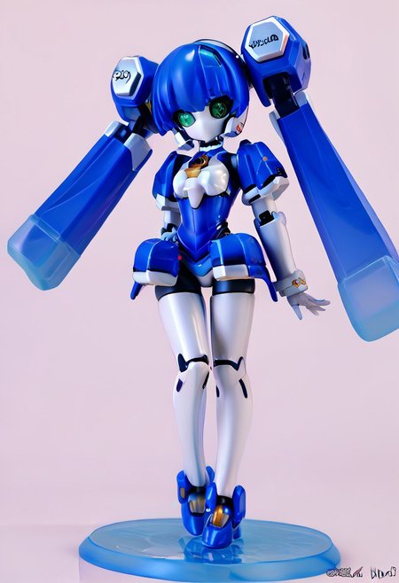 masterpiece, score_9, score_8_up, score_7_up, EasyNegative_v2, 
(best quality:1.1),ultra-detailed, high resolution, super detailed skin, beautiful detailed eyes, nsfw, Brightly Lit, Highly Visible, 8k, sharp focus, beautiful, perfect lighting, beautiful eyes, anatomically correct, anatomically correct face, extremely detailed eyes, smooth edges, beautiful face, symmetrical eyes, symmetrical face, 
(standing, Full-body view:1.2), 
1girl, cute girl, blazermate, (robot girl, android:1.3), (roaot eyes, green eyes, blue hair, twin tails, no mouth:1.2), (colored skin, robot skin, white skin, blue skin, robot joints:1.5), 
(simple background, white background:1.2), (solo focus:1.5), 
(looking at viewer:1.5),  (figurine:1.5),