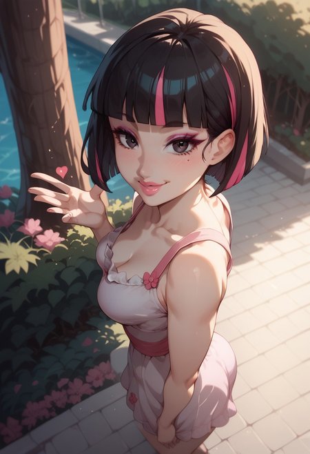 score_9, score_8_up, score_7_up, score_6_up, score_5_up, score_4_up, rckst style, atmospheric lighting, 1girl,Sarah, SarahRH, short black hair, bob cut, straight hair, blunt bangs, dyed bangs (pink), (pink) streaked hair, dark eyes, cute face, beautiful lips, medium breasts, curvy, large hips, pale skin, mole under her eye, moles on her body, makeup, pink lip gloss, smiling, side view, standing up, posing, posing cute, outdoors, pink sundress, squared pattern sundress, trees, shadows, aesthetic, high angle view, looking at the viewer, face closeup, detailed eyes, blowing kiss, air kiss