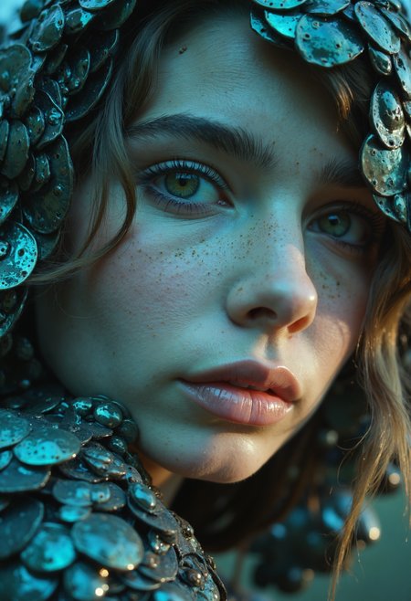 iphone photo photorealistic (full body shot:1.9) photography of a woman (facing the viewer:1.5) who has covered her (entire body:1.5) b10t4c34an iridescent bird feathers, . large depth of field, deep depth of field, highly detailed