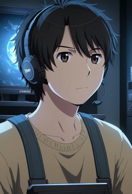 high resolution, solo, best quality, 1Boy, Inaho Kaizuka, Black Hair, Brown Eyes, gamer, bedroom, night, pc, sit, headset, potrait, OverallDetail