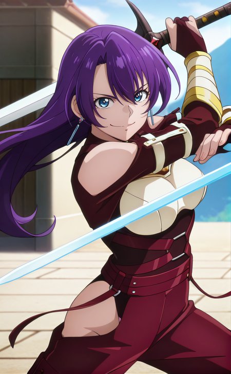 masterpiece, best quality, highres, newest, 1girl, solo, official style, anime screencap, <lora:Towa_Amane:1>, amane, purple hair, blue eyes, earring, fingerless gloves, armor, fingerless gloves, looking at viewer, smile, outdoor, cowboy shot, holding sword, fighting stance, five fingers:1.2