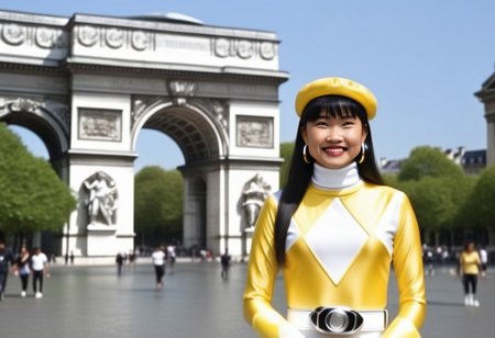 female yellow power ranger, helmetless, Vietnamese, long straight hair, bangs, uniform, white turtleneck collar, white gloves belt, holstered weapon, also wearing dark French beret, large chunky steel hoop earrings, smiling, stood underneath Arc-de-Triomphe in Paris, hot sunny summer day, arms crossed, legs crossed, facing camera, hyperdetailed photography