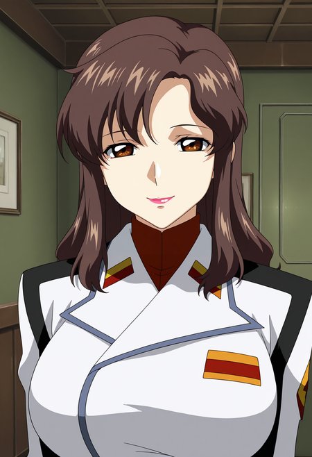 1girl,solo,mm,mature female,brown hair,long hair,brown eyes,lipstick,large breasts,anime coloring, 
military uniform, upper body, looking at viewer, smile,indoors
,masterpiece,best quality,amazing quality,<lora:Murrue Ramius-Gundam SEED ix:0.8>