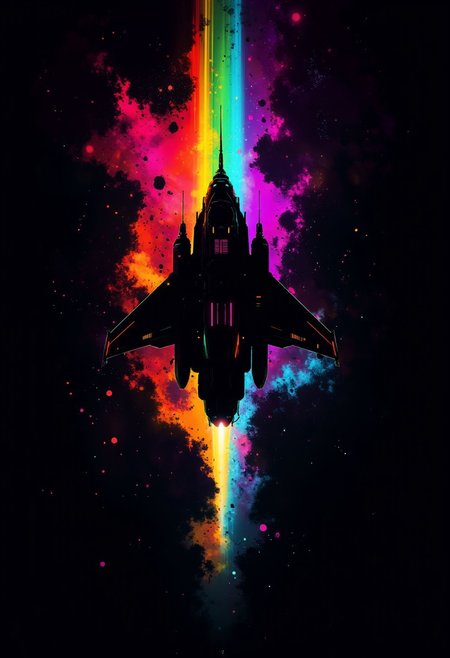 lifelike, silhouetted outline against a dark background, rainbow colours, a sleek starfighter spaceship, stars, nebulas