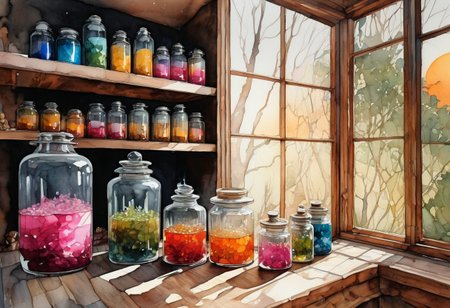 Neurographic Ink, watercolour, alcohol Ink, in the style of Roger Haus (HAI 6), Ilya Kuvshinov (minimalist artwork:1.5) Ellsworth Kelly scene of cozy apothecary cabin interior with multicolored glass jars, FLASK_JUG COPPER_PINKS BURLAP_HEMP_KNOTS CRACKLE SUNSET_RAYBURST through paned windows, realistic tropical cgi diorama, relief, uncluttered, crisp detail, limited, jewel tones and vibrant colors, impressive view, high-contrast lighting (rough details, (female focus:1.5):1.2), (saturated, warm lighting:1.4) (hyperdetailed, absurdres:1.15) <lora:xl_more_art-full_v1:0.3>