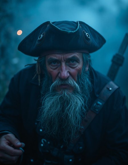 photo of old pirate man, beard, fog, dark atmosphere, night, close up, cinematic shot, hard shadows, Fujifilm XT3