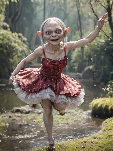 modeling photo gollum wearing idol dress, bow, makeup, red ((lipstick)), (((eyeshadow))),  (eyeliner:1.4), penciled eyebrows, necklace, kawaii,  jumping ballet pose, swamp background, cowboy shot <lora:gollum v1a:0.6> <lora:xl_idol_dress-2.0:0.7>
