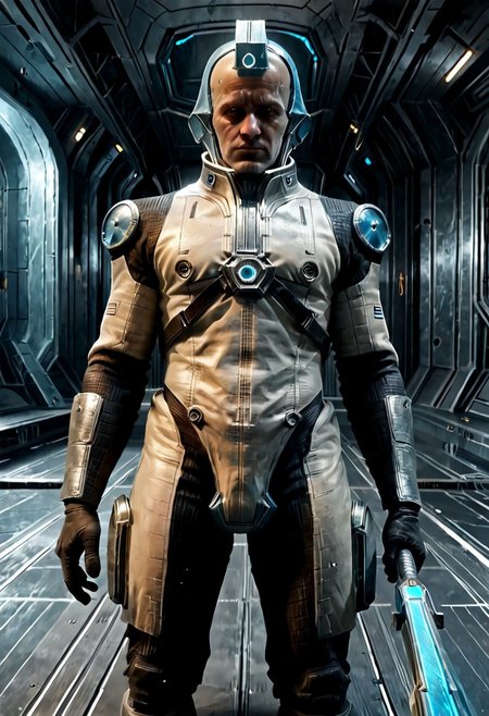 Corpus crewman in a spaceship corridor, science fiction,  dramatic shot, male focus, 1boy, male corpus crewman wearing corpus crewman helmet,  robot, rectangular helmet, blue light bar on helmet, brown and black corpus crewman suit, (helmet with hard edges, helmet with a flat front face, helmet with hard corners, helmet with blue light strip), black shoulder pad, tubes from metal chest plate, black gloves with silver palms, blue circle near hips,  metal bands below fore arm, fit, athletic build, square patch on thigh, holding electric baton,
realistic texture, realism, best quality, 
(((Corpus, corpus crewman, Tan and black corpus suit, corpus tileset,    Corpus helmet, wearing helmet, wearing corpus helmet,))) moa in the background, two legged robot in the background,