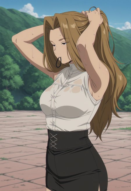 1girl,solo,Methode,long hair,brown hair,breasts,anime coloring, 
sleeveless, shirt,arms up,tying hair, sweat,pencil skirt, outdoors,hot
,masterpiece,best quality,amazing quality,<lora:Methode-Sousou_no_Frieren:0.8>