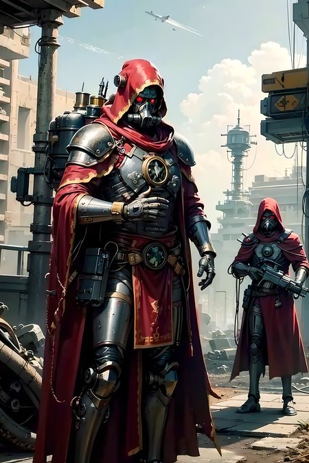 masterpiece, best quality, official art, (hand by Guido Daniele), extremely detailed CG unity 8k wallpaper, 1 man, slender body, skitarii, wasteland, ruins, orange gas, gas mask, blunderbuss, rifle, techpriest, mechanical arms, mechanical legs, mask, glowing eyes, red hood, long open robe, mechanical body  <lora:techpriest:0.75>