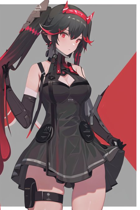 (masterpiece),(((best quality))), ((ultra-detailed)), (illustration), ((an extremely delicate and beautiful)),1girl, from below,asymmetrical_legwear, bare_shoulders, black_border, black_dress, black_hair, black_legwear, breasts, holding dress,cleavage, cleavage_cutout, clothing_cutout, gloves, hair_ornament, letterboxed, long_hair, medium_breasts, multicolored_hair, outside_border, panties, pillarboxed, red_eyes, red_hair, skindentation, solo, standing, streaked_hair, thigh_strap, thighhighs, torn_clothes, torn_legwear, twintails, twitter_username, two-tone_background, two-tone_hair, underwear,absurdres,commentary,highres,