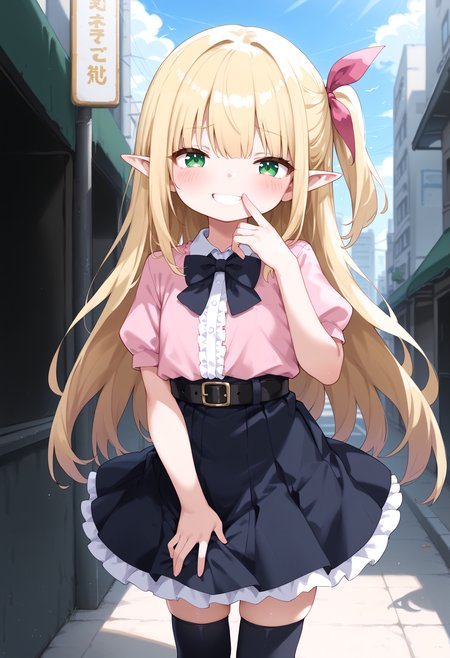 score_9, score_8_up, score_7_up, score_6_up, score_5_up, score_4_up, anime_source, anime_coloring, rating_questionable,
BREAK
1girl, solo, female, (young:1.3), flat, elf, (slim:1.2), (elf ears:1.2), single side up, blonde long hair, hair between eyes, blonde hair, green eyes, long eyelashes, (hair ribbon:1.3), pink ribbon, flat chest, sidelocks, straight long hair, hime cut,
collared shirt, center frills, frilled skirt, black skirt, pleated skirt, puffy sleeves, black thigh highs, pink shirt, black bowtie, black waist belt, skindentation, short sleeves,
outside, city, city street, shibuya street, smug, :3
 <lora:mesugaki_Pony_v1:0.9> mesugaki smile, looking at viewer, blush, hand up,
