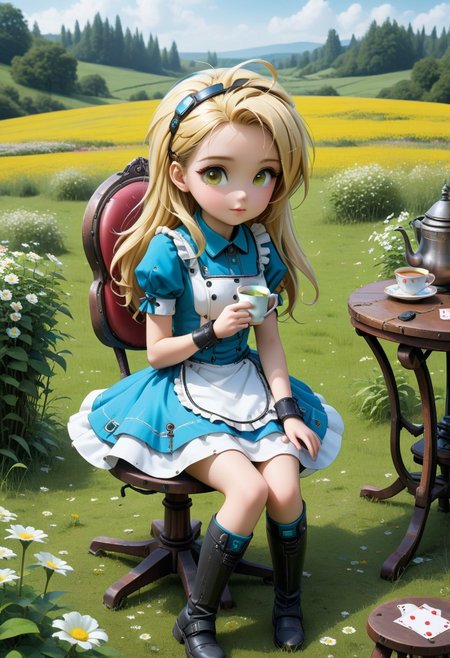 score_9, score_8_up, score_7_up, score_6_up,evi@decrepPunk, detailed face,  1girl, long blonde hair, petite body, aliceinwonderlandoutfit, android parts, cute , shy, android parts, sitting at chair, teatable, cup of tea, ,in the flower field, dynamic lighting, dramatic and magical,