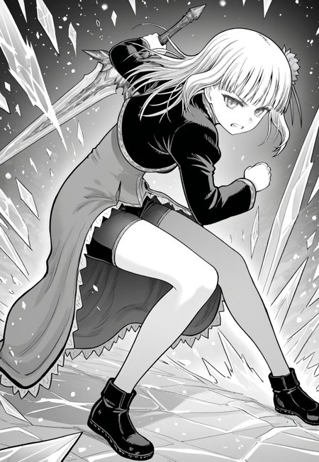 mabel rayveil, medium-length hair, straight bangs, flower hairpin, narrow eyes, youthful body, small breasts, uncle from another world, manga  
long-sleeved tunic with gown-like back, black short shorts, black shoes, holding a sword with a blade of ice and handle of ice, fully crystallized ice construction, sharp and jagged, glowing cold energy, wide glare, clenched teeth, intense focused expression  
one girl only, aggressive combat stance, body leaning forward, sword angled outward, hair and gown blown back by magical pressure  
manga, monochrome