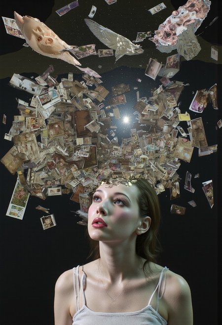 Dreamlike scene involving a woman in a state of contemplation. It combines elements of reality and lost memories. dynamic_pos3