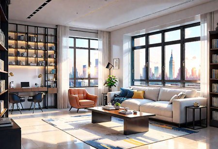 ((front view)), Shallow scene, ((animation style)), modern-style interior, with white walls, (large windows), a  study, Sofa, coffee table, bookcase, single wall, 
warm light morning sun, (City high-rise building scenery)