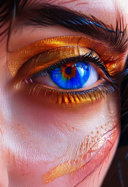Woman, body art, hyper realistic eye, Satin Sheets Gold, Sapphire Blue, Peacock Blue,  skin, close-up, chaotic, flaming, skin texture, pulsating, cinematic angle,