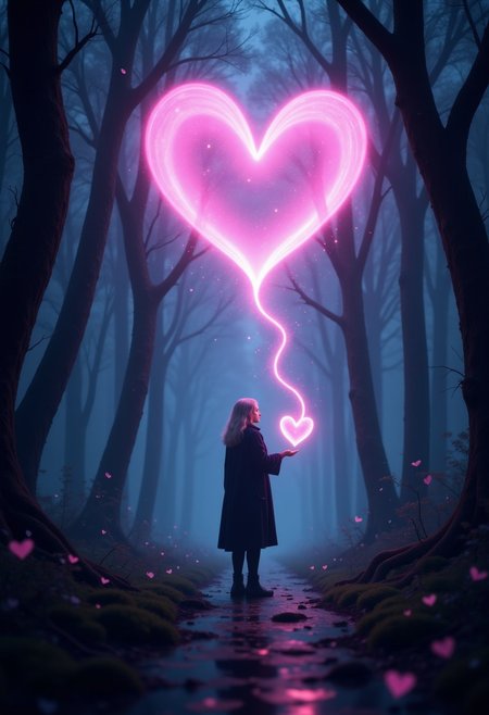 a mystical scene set in a dark, enchanted forest. The central figure is a person with light-colored hair, wearing a dark cloak, standing on a forest path. They are surrounded by towering, shadowy trees with twisted branches. The person is holding out their hand, from which a stream of glowing pink hearts is emanating, forming a large heart shape in the sky above. The hearts are vibrant and luminous, contrasting sharply with the dark, moody background. The overall atmosphere is magical and otherworldly, with a sense of wonder and enchantment. The lighting highlights the figure and the heart shapes, creating a focal point in the composition. aidmaLOVEboost