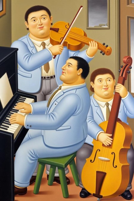 fernandobotero1 painting.
Three men play music. The central figure, seated on a small green stool, is playing a piano. He is dressed in a light blue suit and white shirt. Behind him is a man playing the violin. On the right is a man playing the cello.
 <lora:fernandobotero1_cap_d6a3e7:1.0><lora:840277602620034341:0>