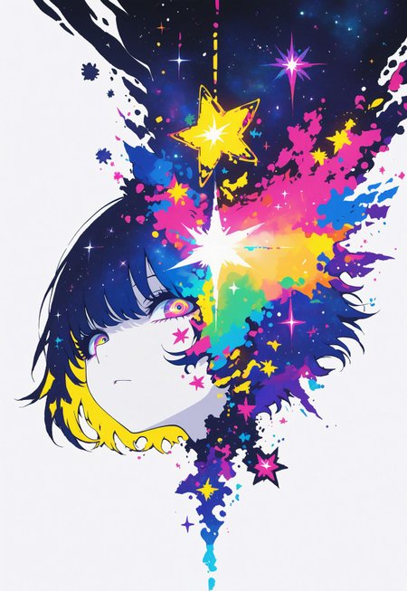 xxx667_illu, sometyome_illu, abstract, score_9, score_8_up, score_7_up, concept art, source_anime, extremely detailed, masterpiece ,amazing quality, intricate details , sometyome_illu ,xxx667_illu , white background, flat colors, flat style, trigger stars, beautiful girl, yellow highlights, fading, cosmic stars, short hair, hair obscuring eyes, dynamic pose, close up, white skin, solemn gaze, looking at viewer,