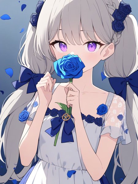 1girl,solo,hair bow,blue bow,twintails,low twintails,braid,long hair,grey hair,purple eyes,short sleeves,white dress,shirt,blue skirt,blue ribbon,see-through,see-through sleeves,collarbone,frills,small breasts,
holding,holding flower,hand up,bow,covered mouth,looking at viewer,
blue flower,blue rose,rose,flower,floral print,falling petals,rose petals,petals,
upper body,
<lora:ag31-jyt_1-000030:1>,