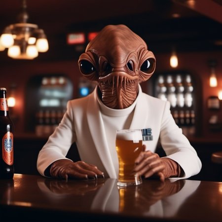 cinematic photo an alien with a strange looking face, star wars, white suit, having a beer in a pub, +++(((text ''it's a tap'')))  <lora:AmiralAckbar1024:0.8> . 35mm photograph, film, bokeh, professional, 4k, highly detailed