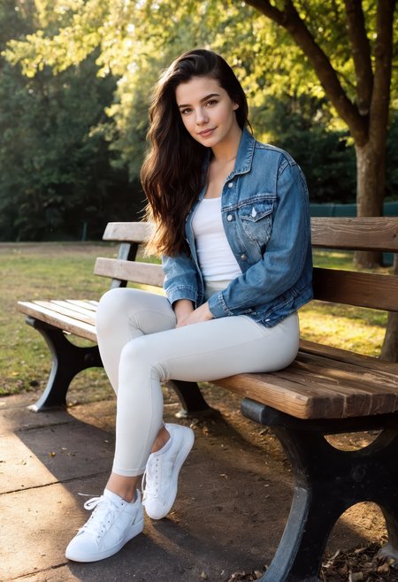 cinematic RAW lifestyle photo, sdxl_stefduav, casual denim jacket over a white tee, leggings and sneakers, relaxed smile while seated on a wooden park bench, golden hour sunlight casting soft glows through nearby trees, gentle breeze in her hair, full body composition with natural outdoor shadows and realistic textures