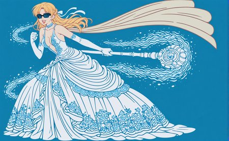 Masterpiece,best quality, vector art, ((1girl)),((solo)),blonde,sunglasses,choker,looking at viewer,medium breasts,collarbone,cleavage,smile,lips,lipstick,full body,plunging neckline,elbow gloves,floral embroidery,scarf,long hair,french braid,clenched fist
ballgown,white dress posing for a picture , wearing a ballgown,hair ribbon,grasping magic staff,water spell,open mouth,((lineart,vector art,limited color palette, white theme, blue theme)),
<lora:edgBallgownILSv1:0.65>