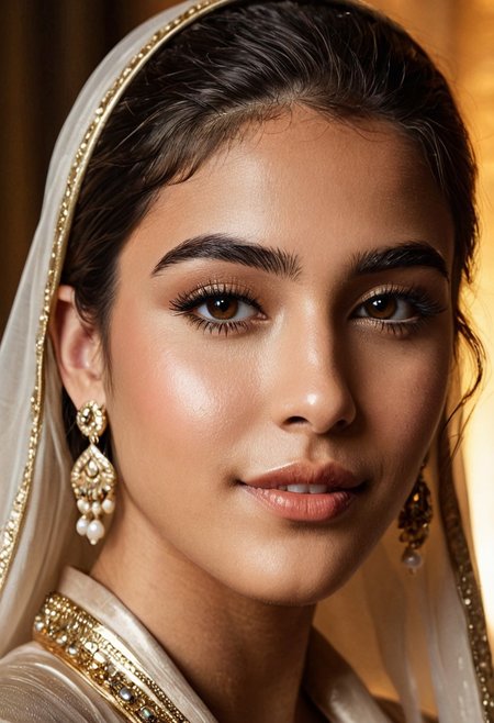 (masterpiece), (high detail), (cinematic lighting), laylalux, close-up headshot of a 20-year-old Middle Eastern woman with sculpted brows, almond brown eyes, and matte lips, hair pulled behind ears, wearing pearl earrings and a silk robe, slight smirk, soft backlight creating a halo glow