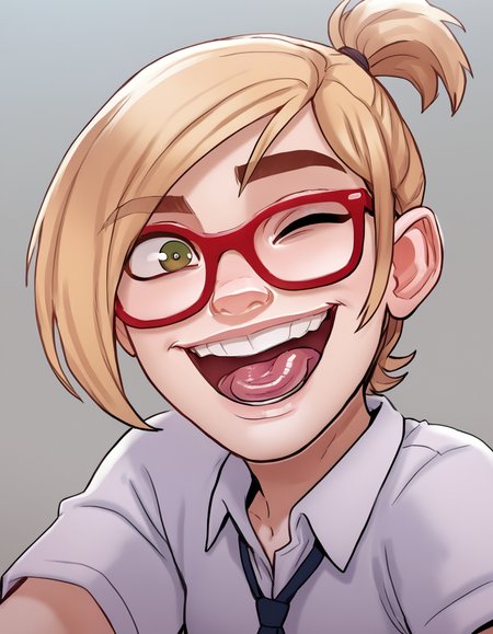 <lora:Darcy2.0Pony:0.6> darcy,, 1girl, short hair,teeth,  blonde hair,looking at viewer,ponytail,red-framed eyewear,brown eyes,  solo, smile, score_9, score_8_up, score_7_up, score_6_up, score_5_up, score_4_up,green eyes,school uniform,school   <lora:Jabstyle_AMXLV1:1> jabstyle, open mouth, tongue out, one eye closed,