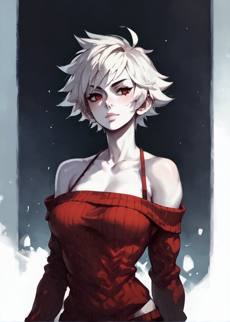 white skins, spiky red short tomboy hair, neutral expression, tight sweater, <lora:NAHIRI:1> nahiri, 1girl, solo, short hair, breasts, bare shoulders, white hair, colored skin,  <lora:RD-MAnon-XLV1.1:1>  female,, source_anime, score_9_up,  score_7_up, score_8_up
