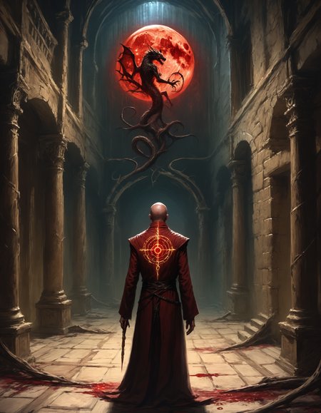 Beneath a blood-moon sky, an ancient mansion loomed over a desolate village, its towers reaching for the heavens like gnarled fingers. Within its shadowed halls, the reclusive scholar Draco Silens studied the enigmatic Codex Arcanaâa grimoire that held the secrets of the occult. As he delved deeper into its cryptic pages, his eyes fell upon an intricate diagram that seemed to shift and pulse with a sinister life. The symbols danced before him, weaving a pattern that whispered promises of unimaginable powerâif only he could decipher their dark meaning. Draco knew well the price of such knowledge but could not resist the siren call of forbidden wisdom. He began to chant an incantation, his voice echoing through the cavernous halls, as he traced the sigil with a quill dipped in blood. The air grew thick with anticipation, and as he completed the final invocation, a flash of crimson light illuminated the chamber, revealing the gateway to a realm best left unopened. The scholar hesitated, torn between his insatiable curiosity and the primal instinct for survival, as the veil separating the mortal world from the abyss of nightmares began to part.<lora:The_Grey_Ones_Horror_Theme_v2-000008:0.8> gr4y0ne, horror (theme)