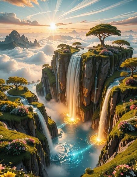 A mesmerizing celestial background featuring an otherworldly paradise. Towering crystalline mountains with peaks that glow softly under a sky painted in shifting hues of iridescent blues, pinks, and golds. Rivers of liquid light flow through vast, open meadows filled with luminescent flowers that pulse with a gentle glow. Gigantic, translucent trees with silver leaves sway in a breeze that carries floating particles of golden dust. Suspended bridges made of shimmering energy connect ancient, floating monoliths engraved with intricate celestial patterns. In the distance, an enormous radiant waterfall cascades into a bottomless, mist-covered abyss, reflecting the surrounding ethereal glow. A tranquil atmosphere, untouched and divine, filled with an overwhelming sense of wonder and serenity.
<lora:SDXLFaeTastic2400:0.4> <lora:extremely_detailed:0.4> extremely detailed,heavenly l4ndsc4p3, <lora:heavenly_l4ndsc4p3-i:1>, Masterpiece,best quality,hi res,8k,hi res,8k,award winning,(sharp focus, intricate, highly detailed),
