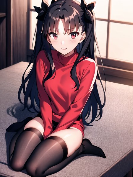 <lora:Tosaka:0.4>, 
woman, red turtleneck, cross bait on the chest, black skirt, black stockings
masterpiece, best quality