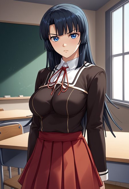 score_9,score_8_up,score_7_up,source_anime,5_figner,2d_animation,game cg,BREAK,1girl,solo,isomura rinko,long hair,blue eyes,Black hair,bangs,impossible clothes,red skirt,pleated skirt,school uniform,long sleeves,
large breast,upper body,serious,looking at viewer,front view,
school,class room,desk,chair,blackboard,window,
masterpiece,best qualit,ultra-detailed,illustration,an extremely delicate and beautiful,beautiful detailed eyes,unity 8k wallpaper,high resolution,anime CG,official_art,