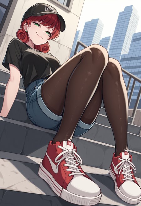 masterpiece, best quality, solo, 1girl,  <lora:NSPennyStardewIllu:1> NSPennyMisc, green eyes, medium hair, red hair, curly hair, green stud earrings, t-shirt, denim shorts, pantyhose under shorts, pantyhose, sitting, stairs, outdoors, city, sneakers, dutch angle, full body, from below, looking at the viewer, smug, cap