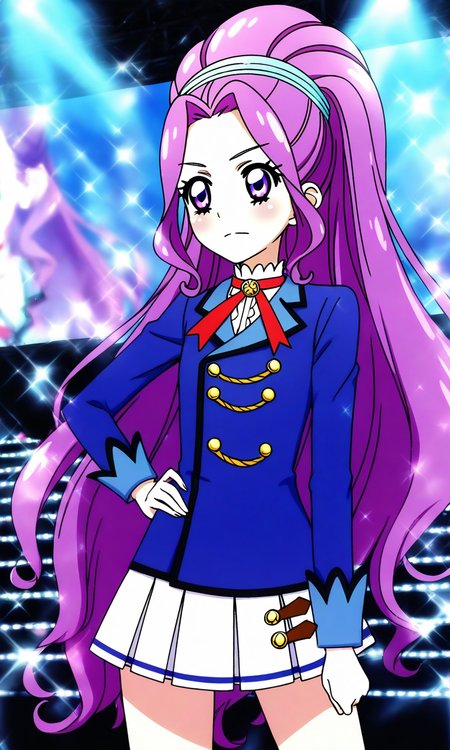 general,highres, ultra-detailed,very aesthetic,best quality ,best hands, BREAK <lora:Kanzaki_Mizuki_aikatsu!_IS:1>
kanzaki_mizuki(aikatsu!), 1girl, solo, purple hair, purple eyes, long hair, ponytail, high ponytail, hairband, very long hair,
starlight academy school uniform,
sparkle, hand on hip, stage,