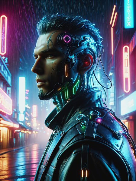 mad-cbrbdy man , surreal digital cityscape, haze, steam, rain, neon light, cyberpunk, classic headshot pose <lora:Neon_Cyberpunk_Cyberbody_v2_SDXL:0.8>, raw photo, film grain, Fujifilm XT3, (photorealistic, realistic:1.2), deep shadow,  8k, uhd, dslr, ultra high res