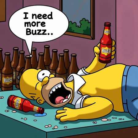 A cartoon image of Homer Simpson, lying face down on a table, asleep. His mouth is open with drool coming out, clearly drunk, with a red beer bottle labeled "Buzz" loosely held in his hand. A speech bubble coming from Homer says "I need more Buzz". The scene is humorous, with a messy table covered in beer bottles. Homer's belly is slightly exposed, and the expression on his face shows contentment despite the drool. The overall mood is light-hearted and comical.