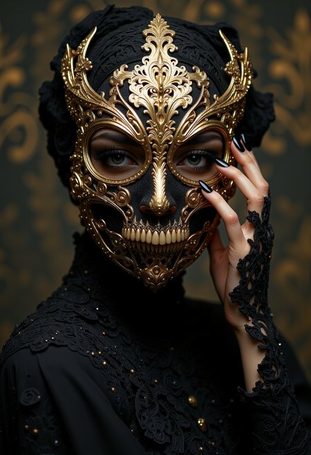 Style of Edward Robert Hughes, sci-fi style, ethereal fantasy, concept art of  
, delicate graceful gothic woman 22yo,dark smokey makeup,  pristine skin , powerful witch, 
Her face is covered by an ornate, intimidating, gold filigree face skull mask with intricate mesh details, reflecting a fusion of mysticism and aristocratic elegance,
 highly detailed, incredible random luxurious  background . magnificent, celestial, ethereal, painterly, epic, majestic, magical, fantasy art, cover art, dreamy, <lora:Anime Art V3:0.5> <lora:aidmaMJ6.1_v0.5_3:0.5> . futuristic, technological, alien worlds, space themes, advanced civilizations, <lora:flux.1_lora_flyway_Epic-detail_v2:0.5> <lora:Sinfully_Stylish_.02_for_FLUX:0.5>